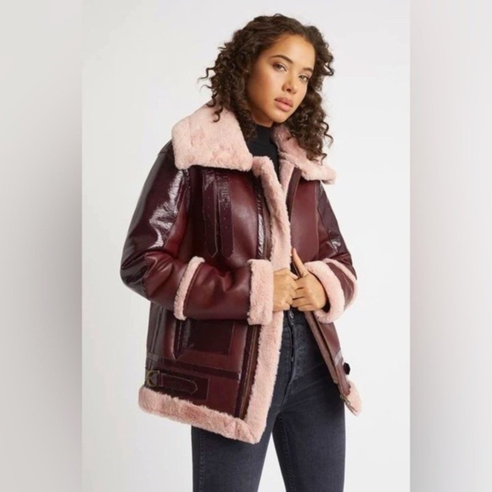 Choosy Burgundy Patent Faux Leather Fur Lined Aviator Moto Jacket XS NWT